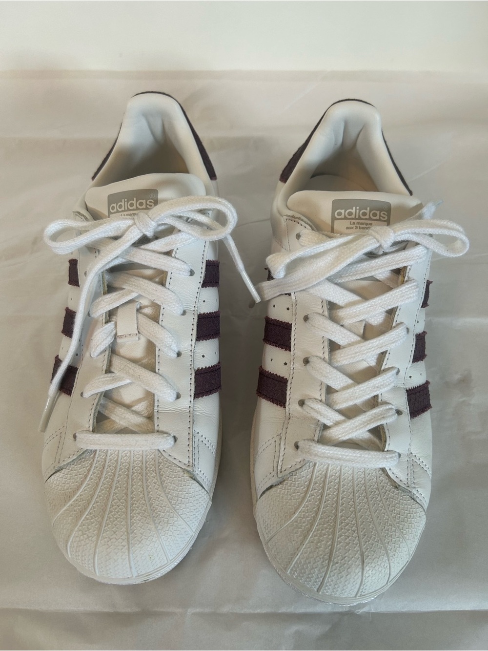 adidas Superstar White Sneakers with Maroon Stripes